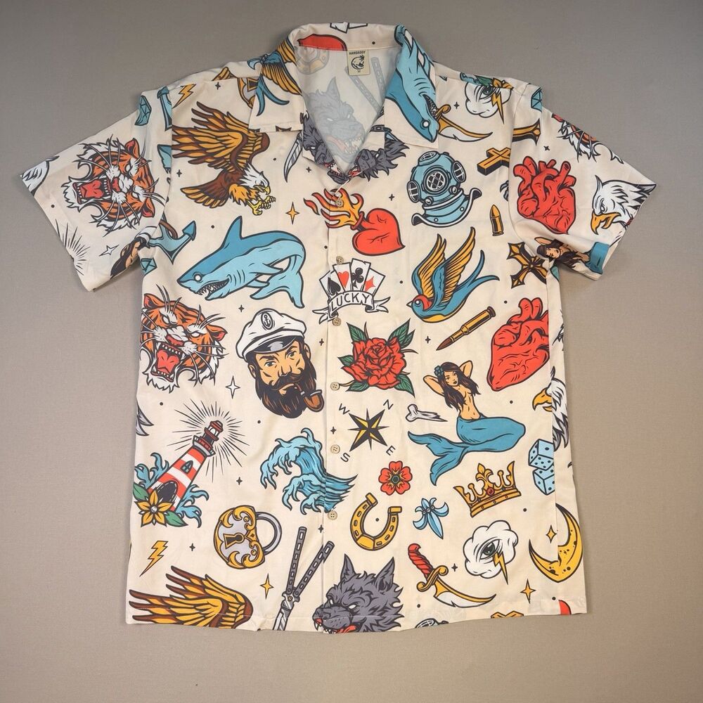 Hardaddy Shirt Mens Med White Vintage Tattoo All Over Print Hawaiian Camp Dad
